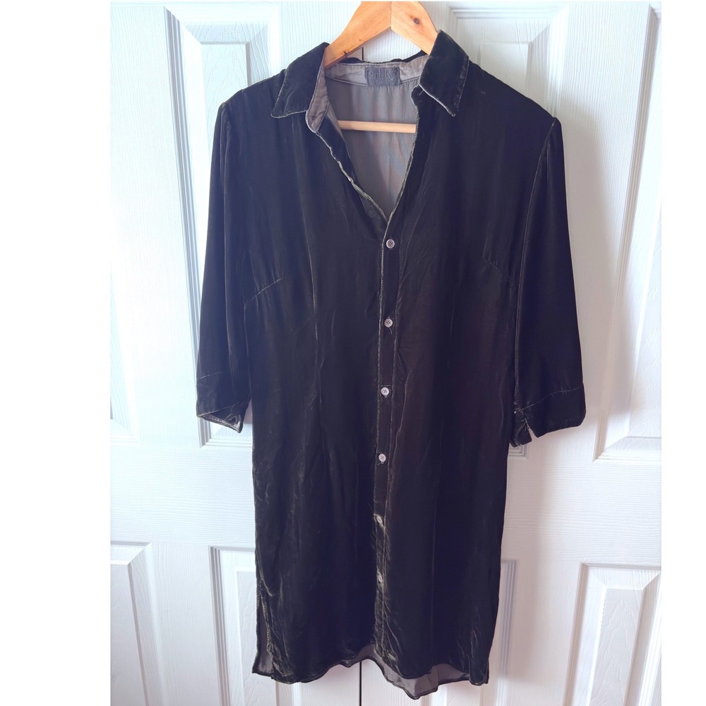 SAMPLE sHiRt CP SHADES Dark Green Silk Blend Velvet Button Front Shirt Dress S